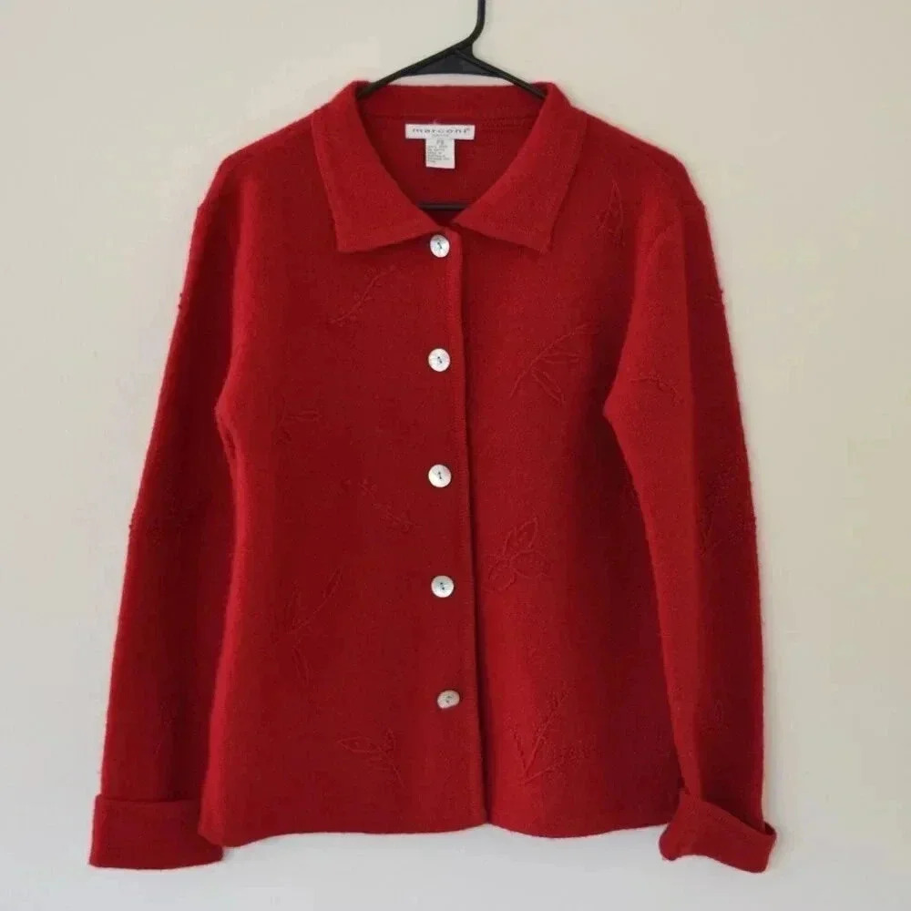 MARCONI Vintage Wool Button up Sweater with Leaf Pattern In Red Size PS